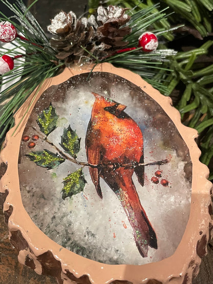 Cardinal Glass Ornament w/Snow & Evergreen Accent