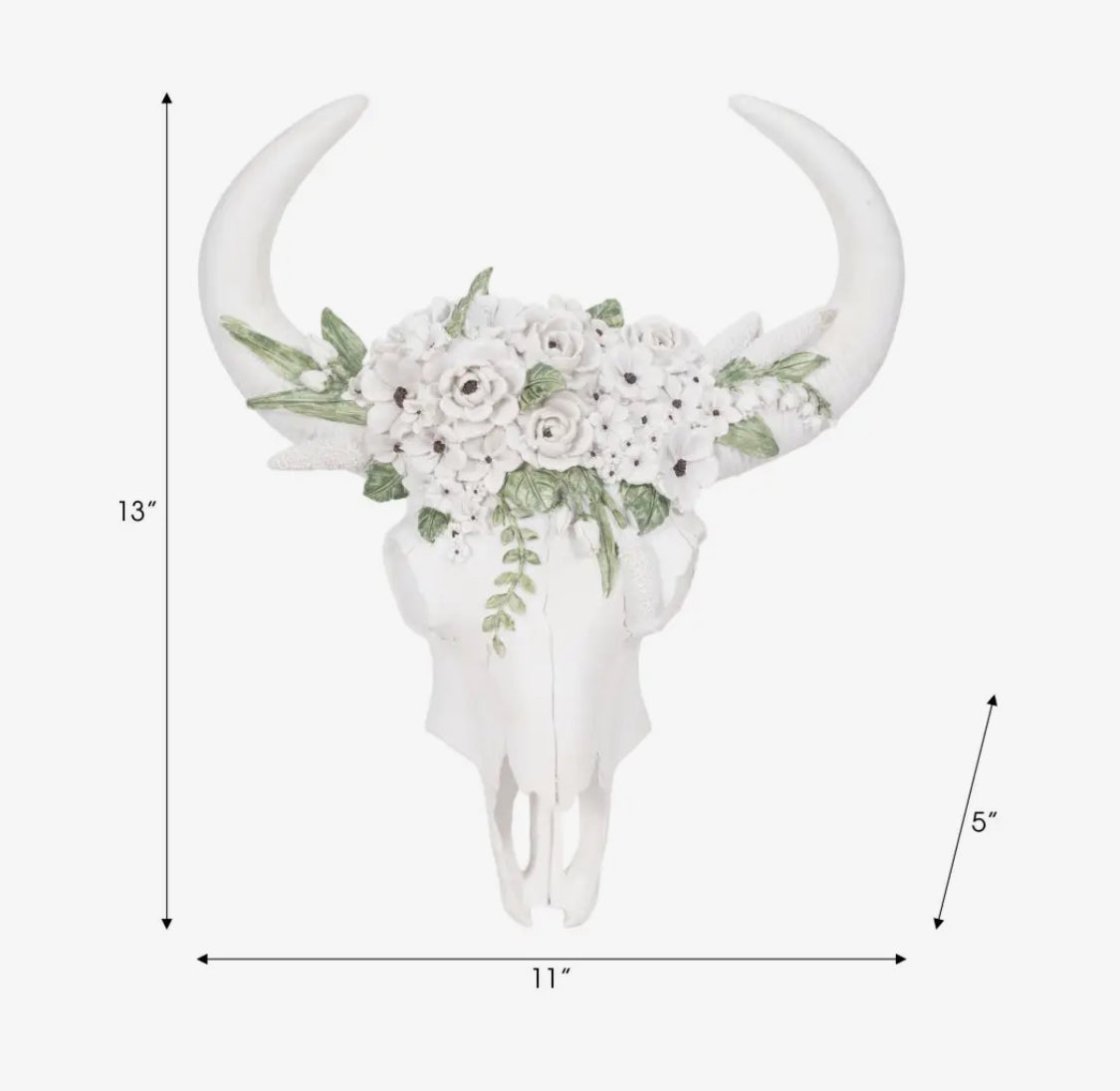 White Resin Textured Bull Scull with White Flowers