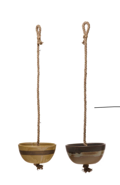 Stoneware Planter with Jute Hanger-2 Colors