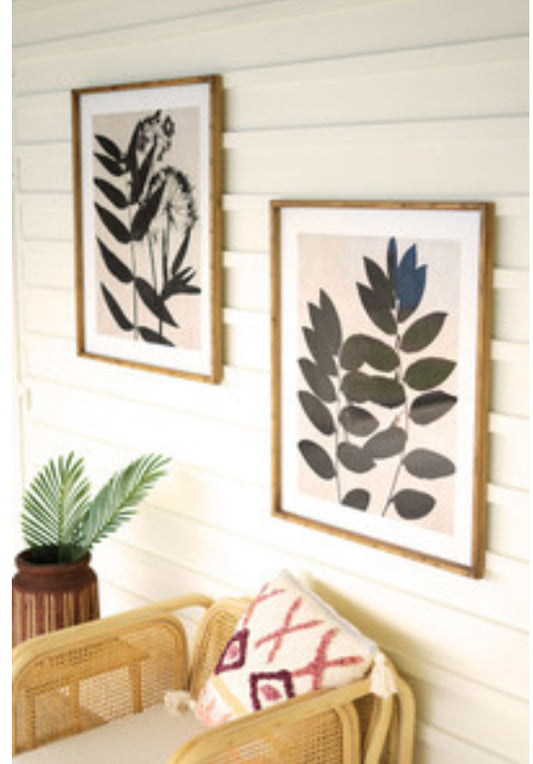 Black Leaf Prints Under Glass w/Natural Frame