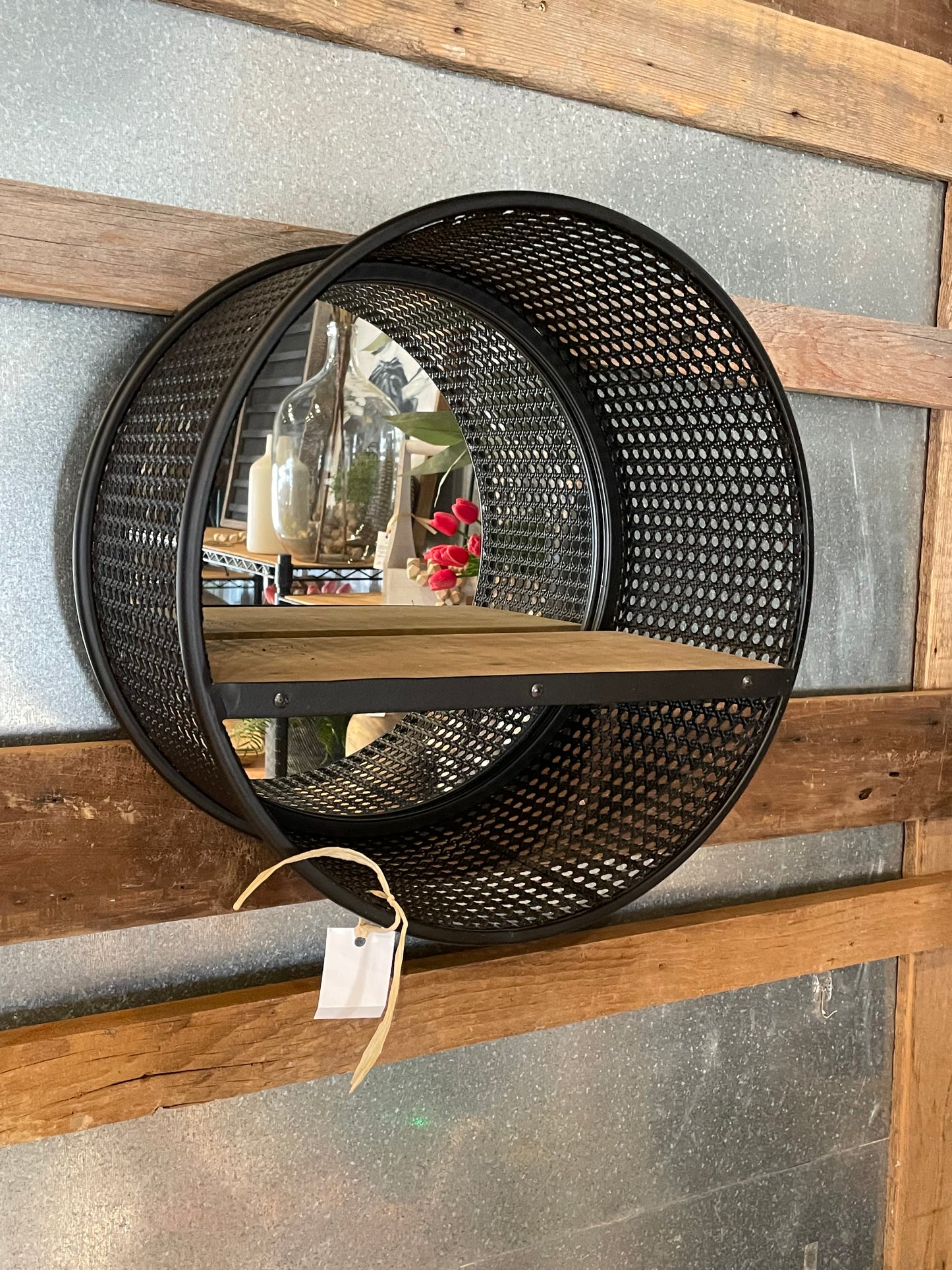 Round Black Metal Mirror w/Wood Shelf