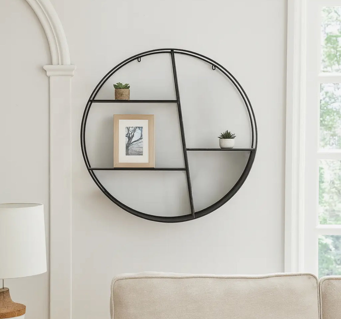 32” Black Metal Round Frame and Tiered Open Wall Shelf