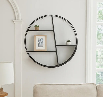 32” Black Metal Round Frame and Tiered Open Wall Shelf