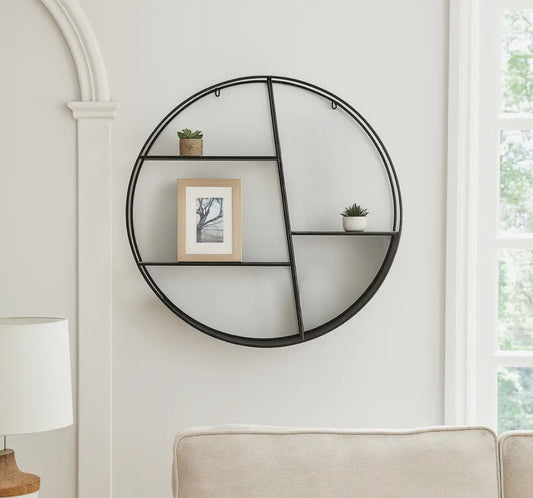 32” Black Metal Round Frame and Tiered Open Wall Shelf