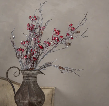 36” Iced Twig w/Red Berries & Pinecone Spray