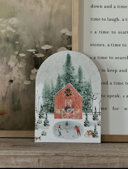 7”x10” Winter Barn Scene Arch Wood Print