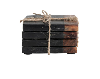 Marble & Acacia Wood Coasters, Black/Natural, set/4