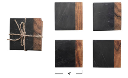 Marble & Acacia Wood Coasters, Black/Natural, set/4