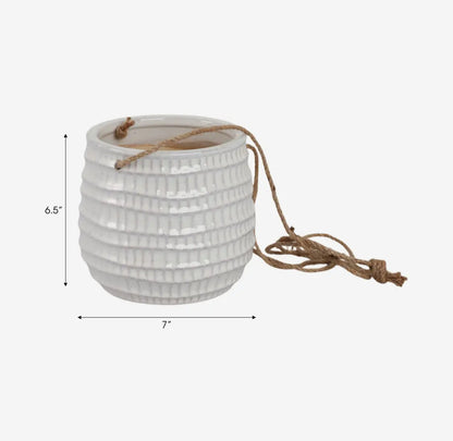 7” Ivory Ceramic Round Dimpled Hanging Planter