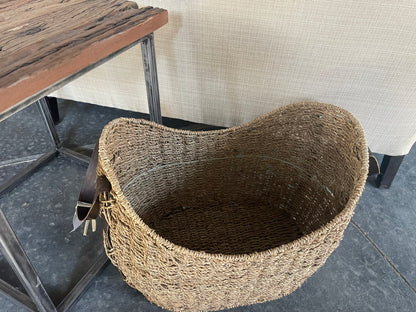 Oval Wicker Basket w/Leather Handles