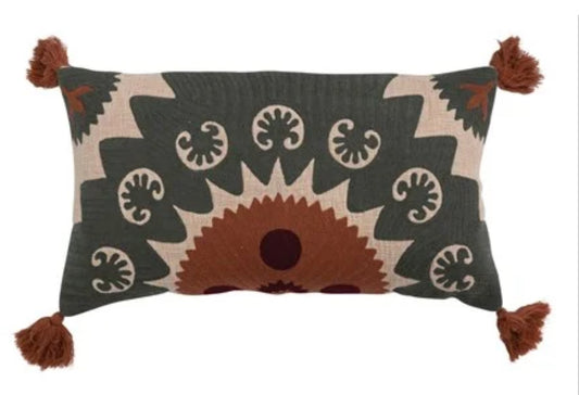 28” x 16” Cotton Lumbar Pillow w/Suzani Embroidery & Tassels