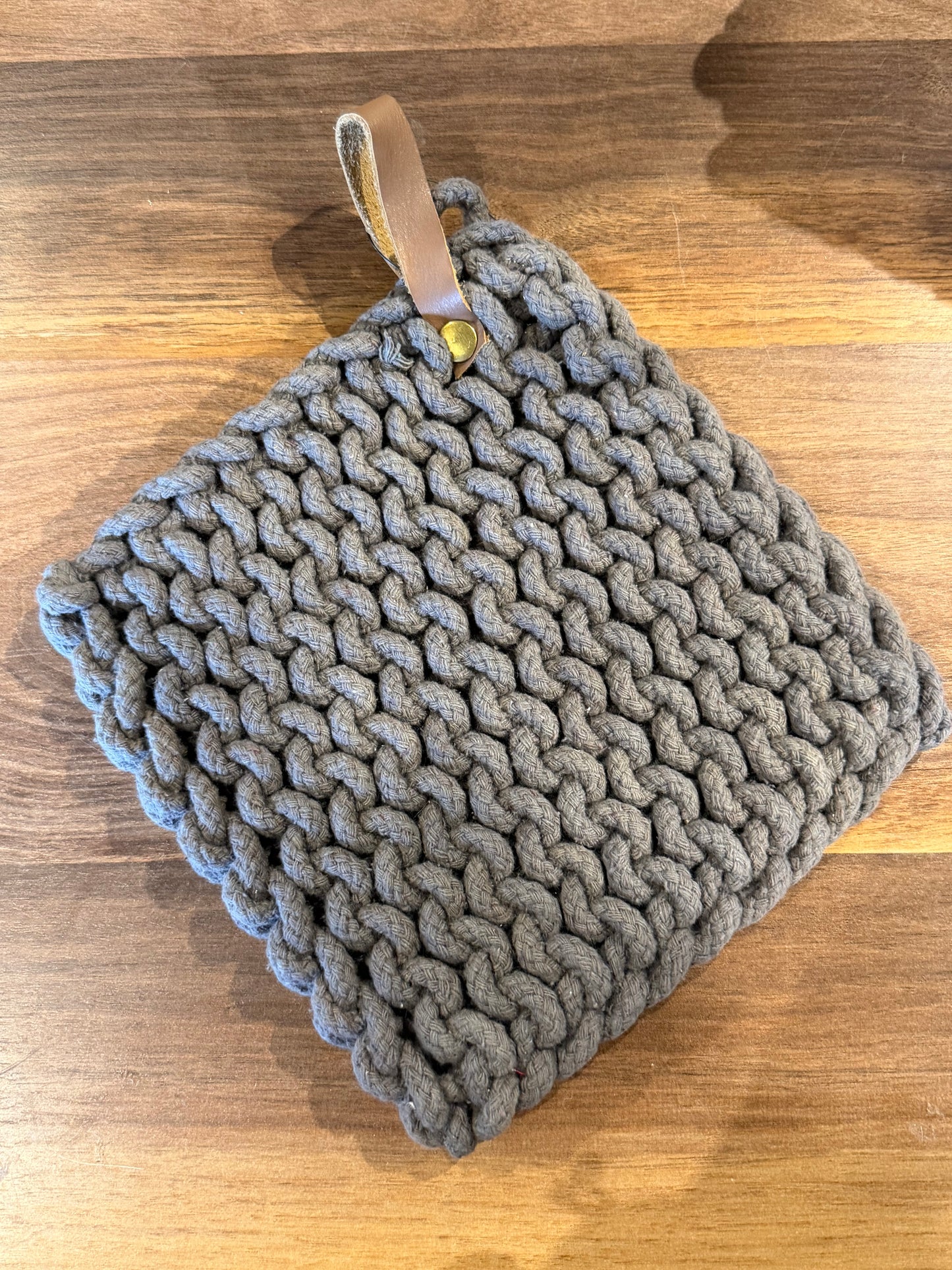 8” Crocheted Cotton Pot Holders w/Leather Loop