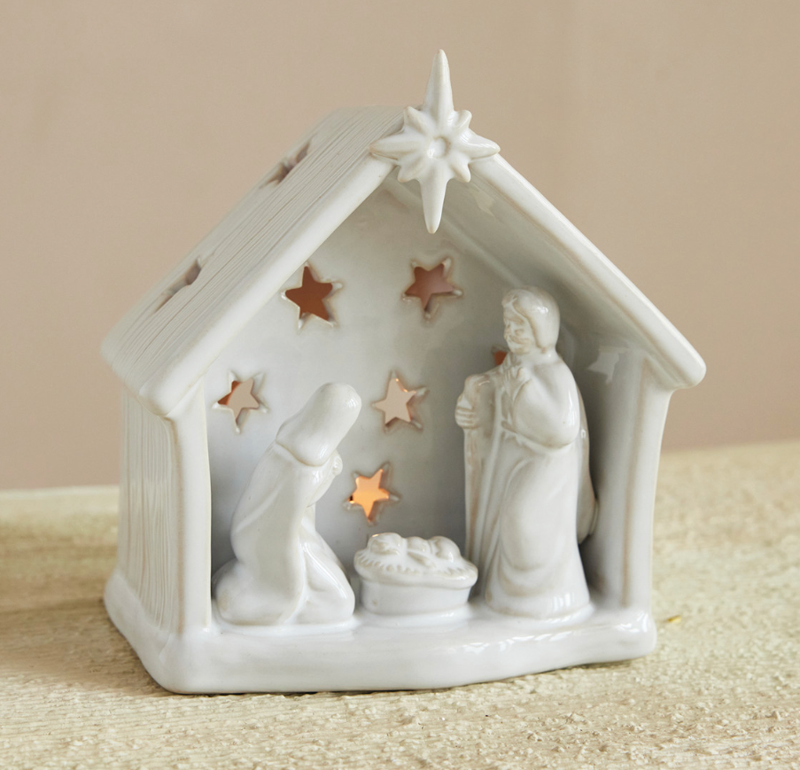 Stoneware Holy Family Tealight Holder w/Star Cut-Outs