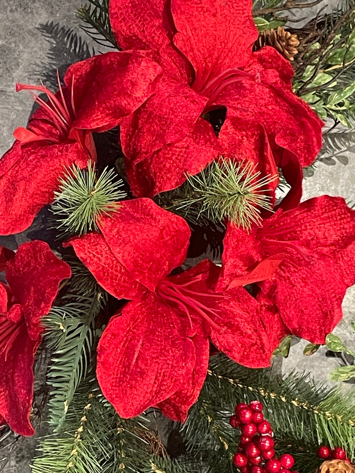 Amaryllis, Evergreen, Berries & Pinecones Wreath