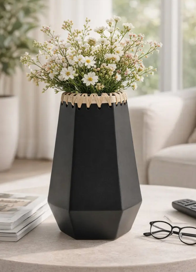 11” Black Ceramic Weaving Detail Design Vase