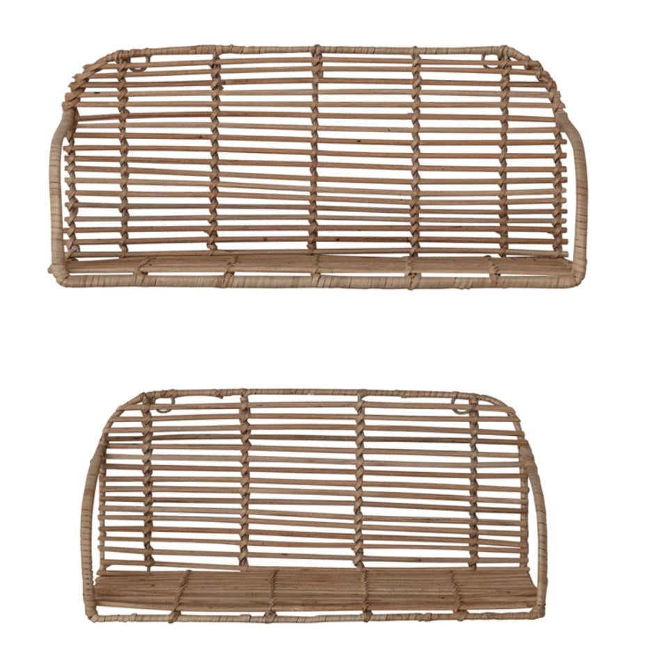 Hand-Woven Rattan & Metal Wall Shelves, Set/2