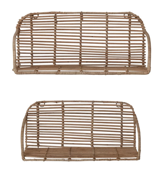 Hand-Woven Rattan & Metal Wall Shelves, Set/2