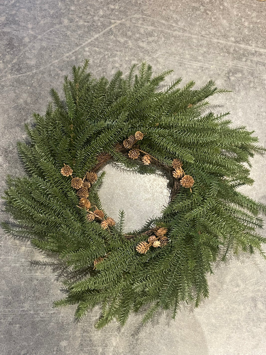 Evergreen w/Pinecones on Grapevine Wreath