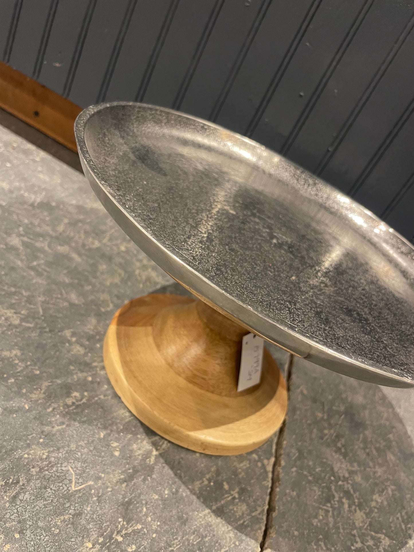 Wood pedestal with round silver tray top