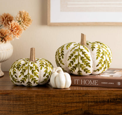 Cream Plush Pumpkin w/Green Leaf Design- Lg