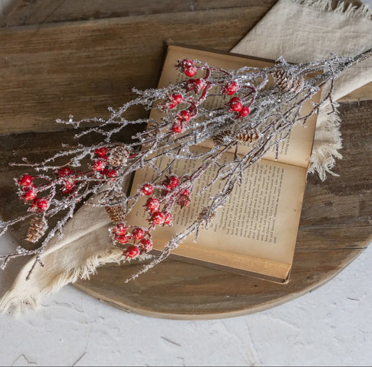 36” Iced Twig w/Red Berries & Pinecone Spray
