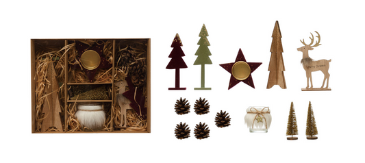 Garden Kit w/Bottle Brush Trees, Tealights, Pinecones & Wood Figures-S/13