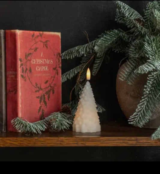 5.5” Cream Shimmer 3D Flame Fir Tree Candle