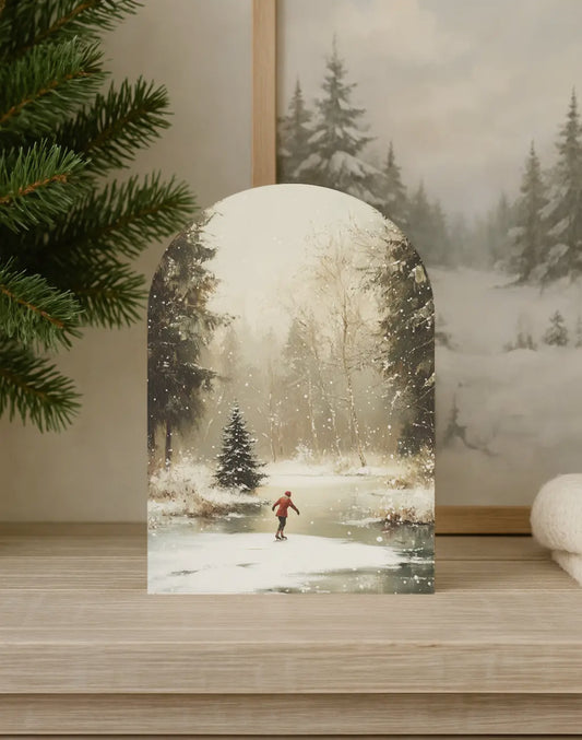 10”x7” Ice Skater Arch Wood Print- Cozy Winter Holiday