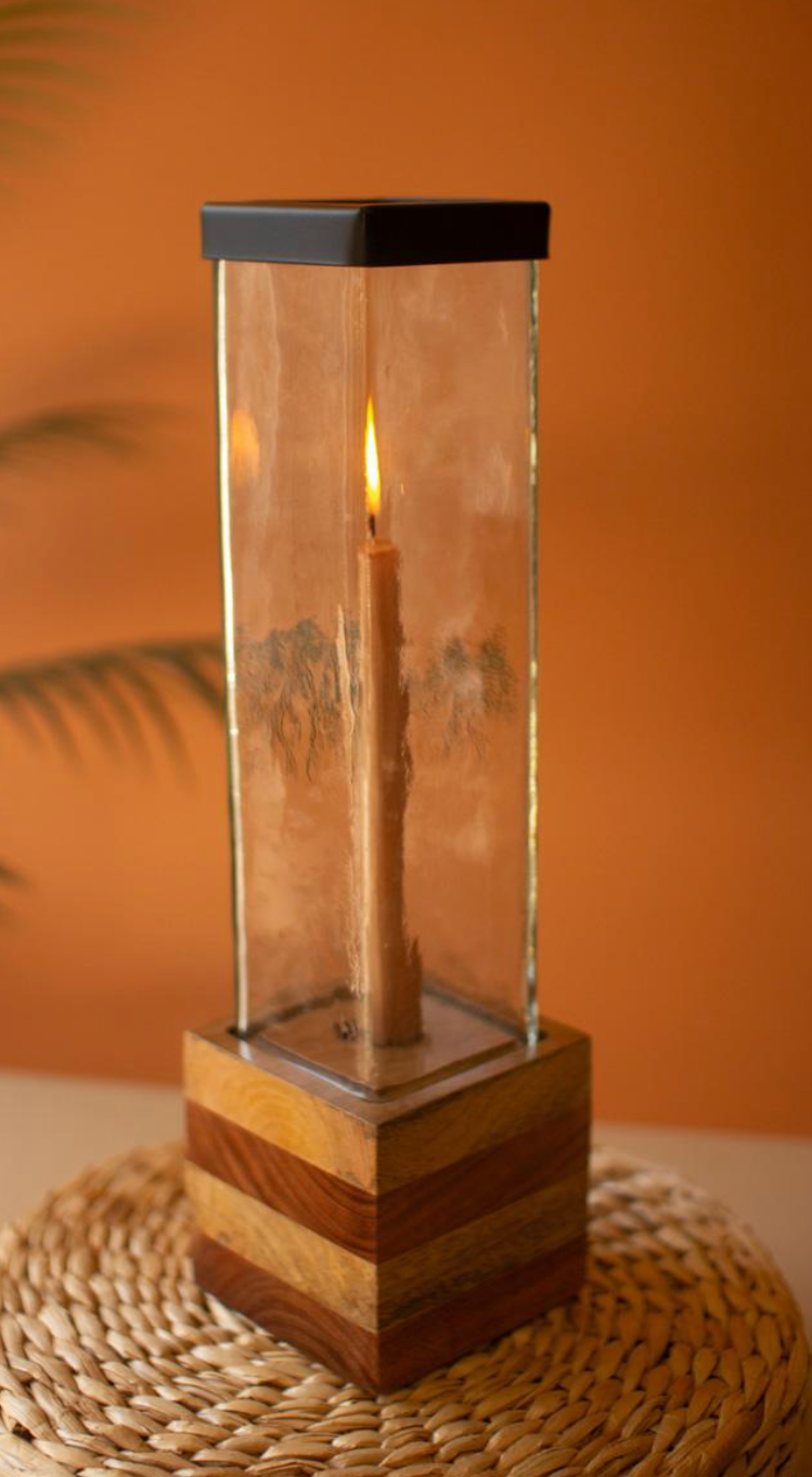 Square Glass & Wood Taper Holder