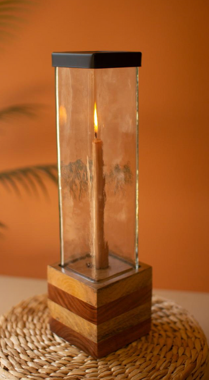 Square Glass & Wood Taper Holder