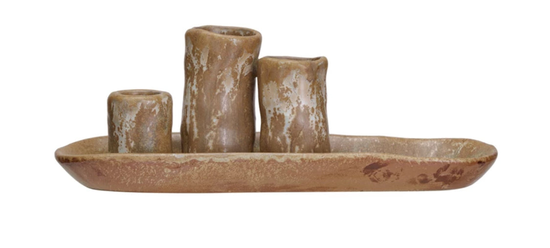 2 Stoneware Vases & Candle Holder on Tray