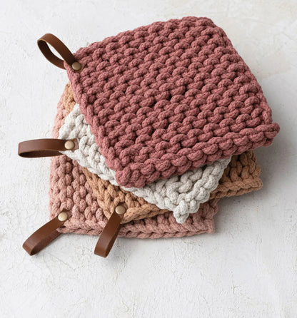 Cotton Crocheted Pot Holder w/Leather Loop