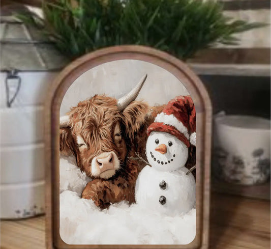 Arch Top Highland Snowman Framed Art