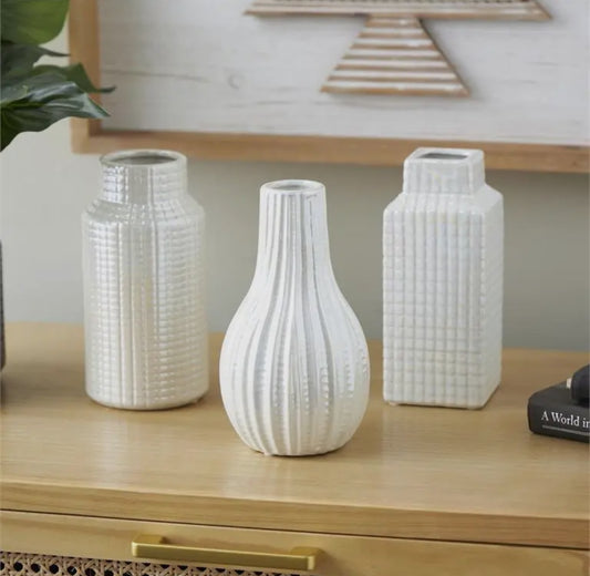 Off-White Ceramic Vase w/Geometric Design