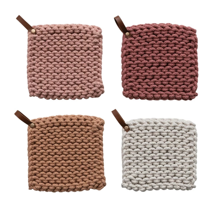 Cotton Crocheted Pot Holder w/Leather Loop