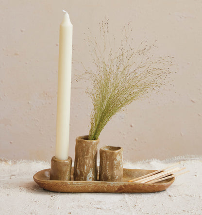2 Stoneware Vases & Candle Holder on Tray