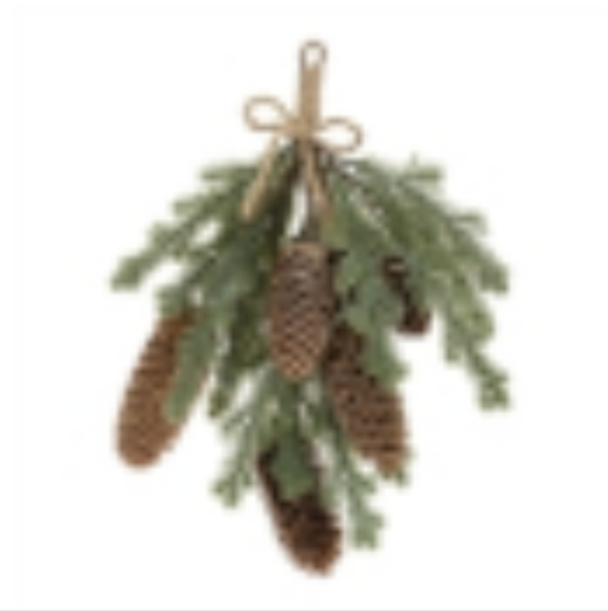 11”H Pine & Cones Tied w/Rope Spray