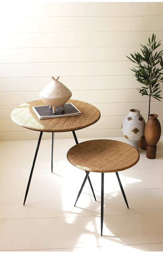 Set of 2 Round Metal Side Tables w/Woven Top