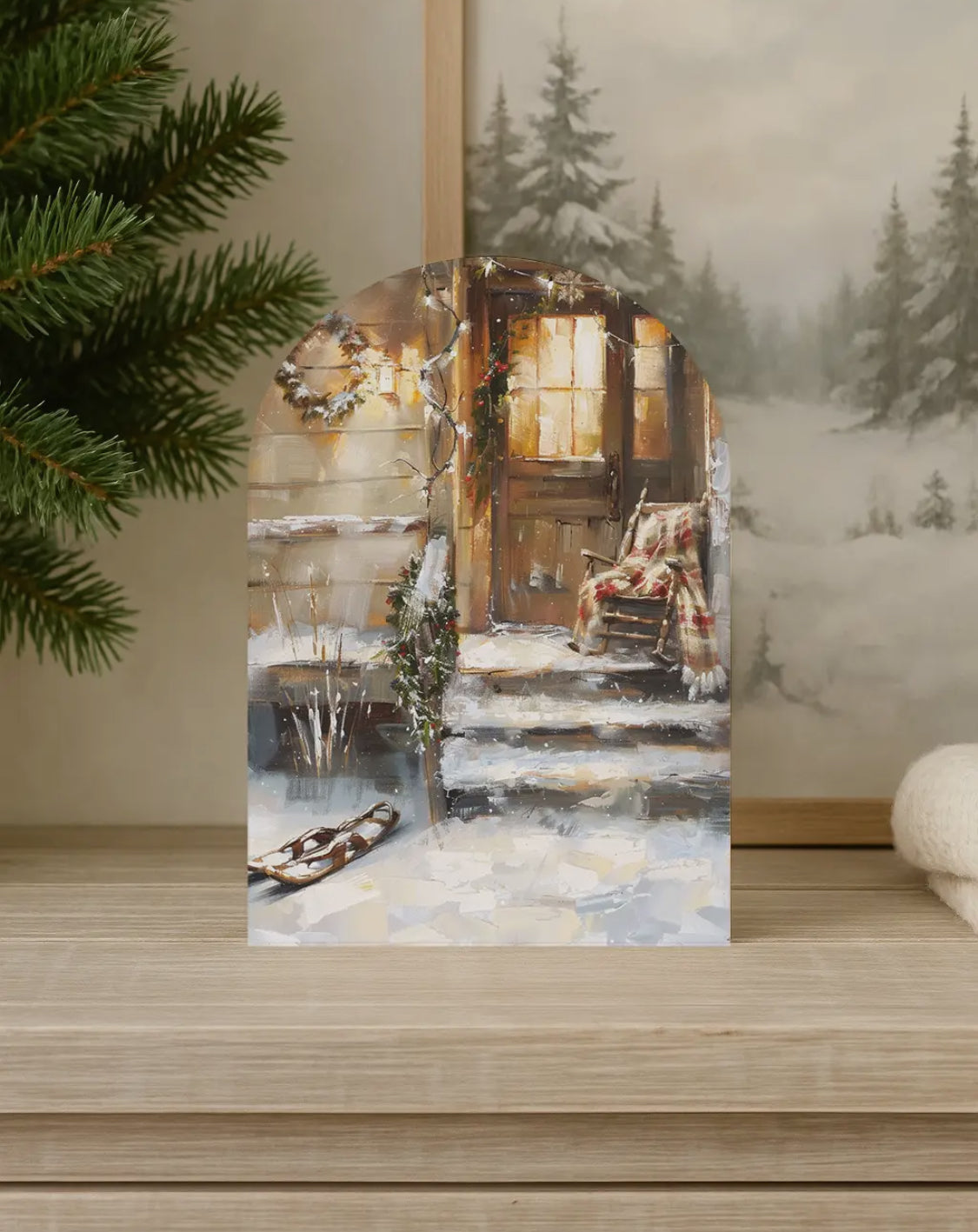 10”x7” Cozy Winter Porch Arch Wood Print