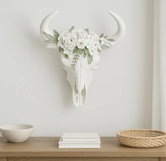 White Resin Textured Bull Scull with White Flowers
