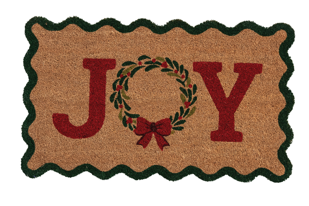 Natural Coir Scalloped Doormat w/Wreath & Bow “JOY”