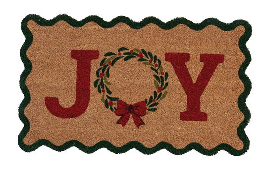 Natural Coir Scalloped Doormat w/Wreath & Bow “JOY”