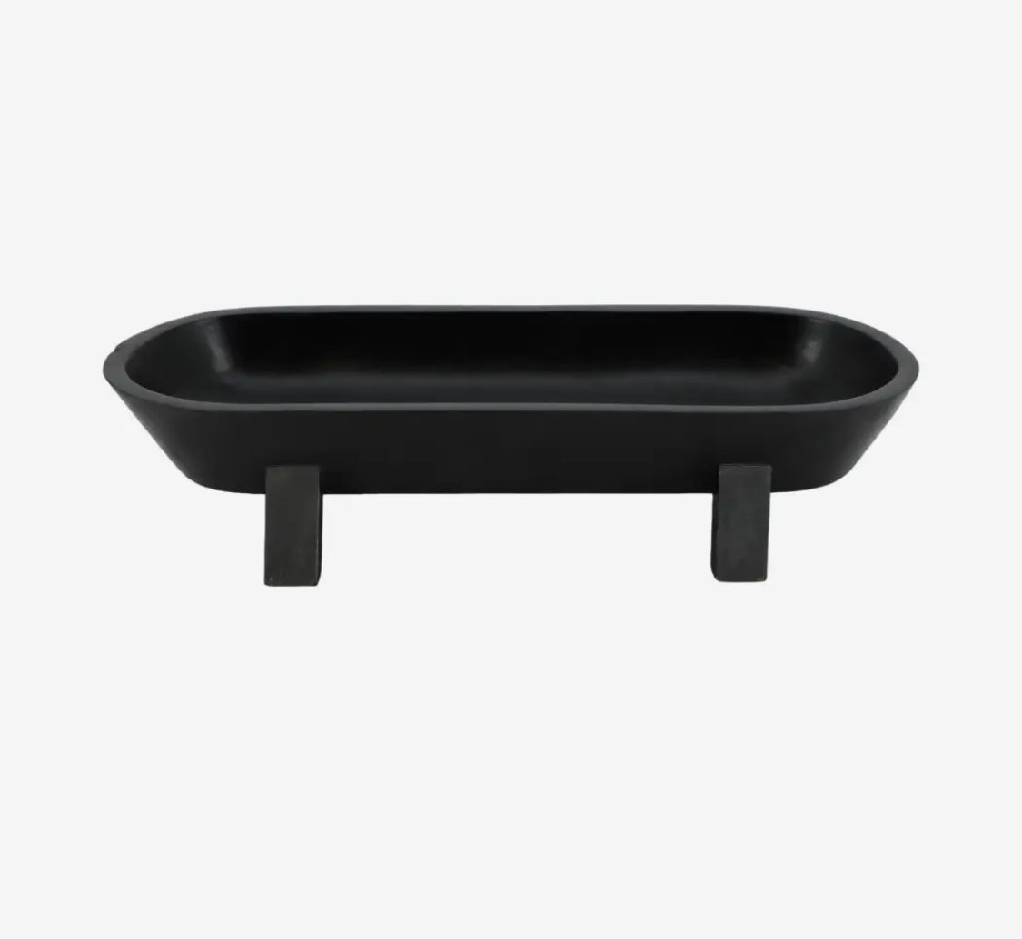 16” Black Wood Footed Oval Bowl