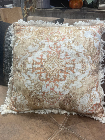 Distressed Cotton Printed Pillow w.Fringe