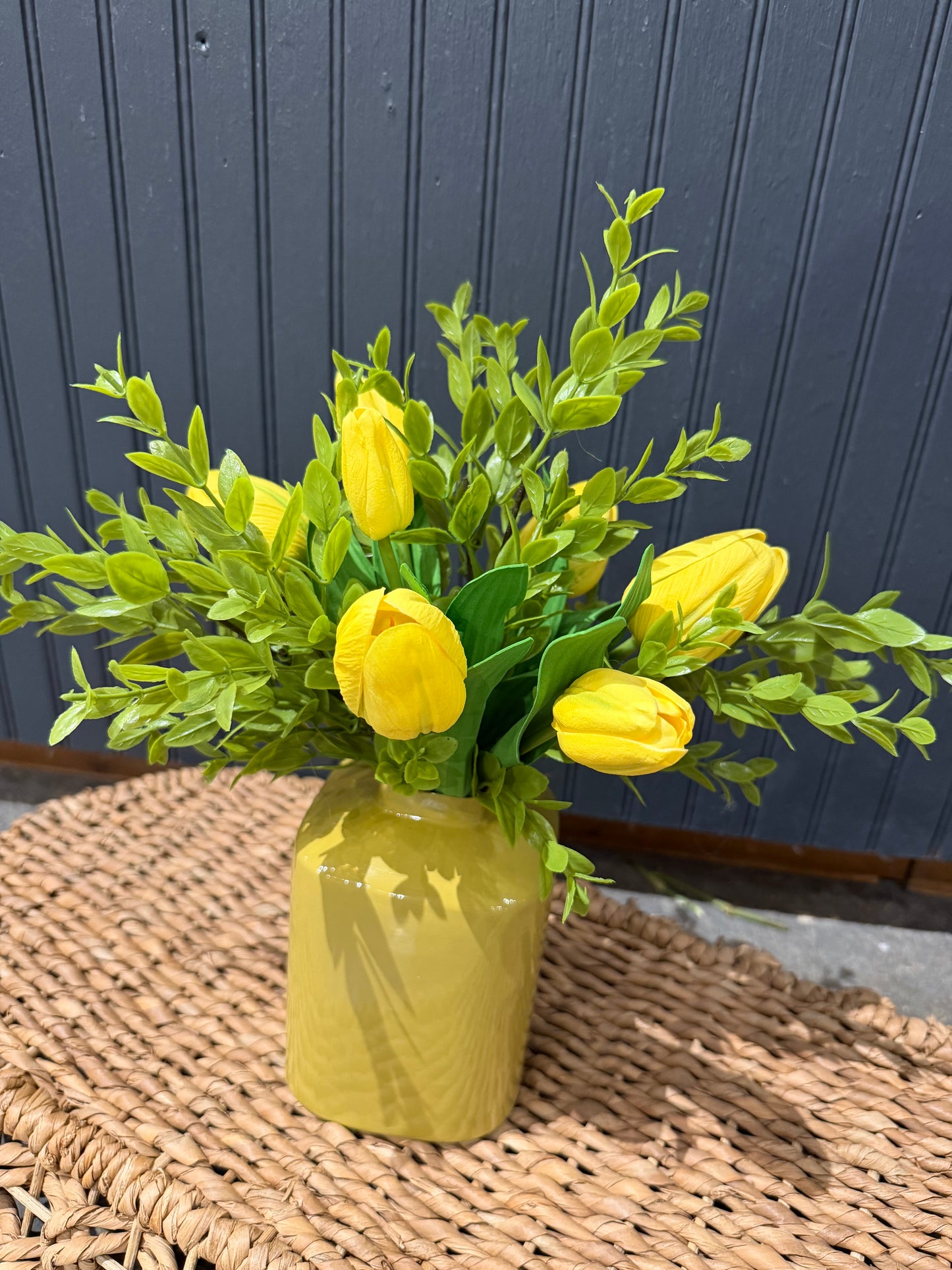 Metal Vase W/Silk Yellow Tulips & Greenery
