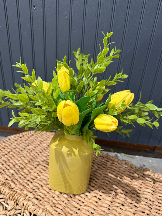 Metal Vase W/Silk Yellow Tulips & Greenery