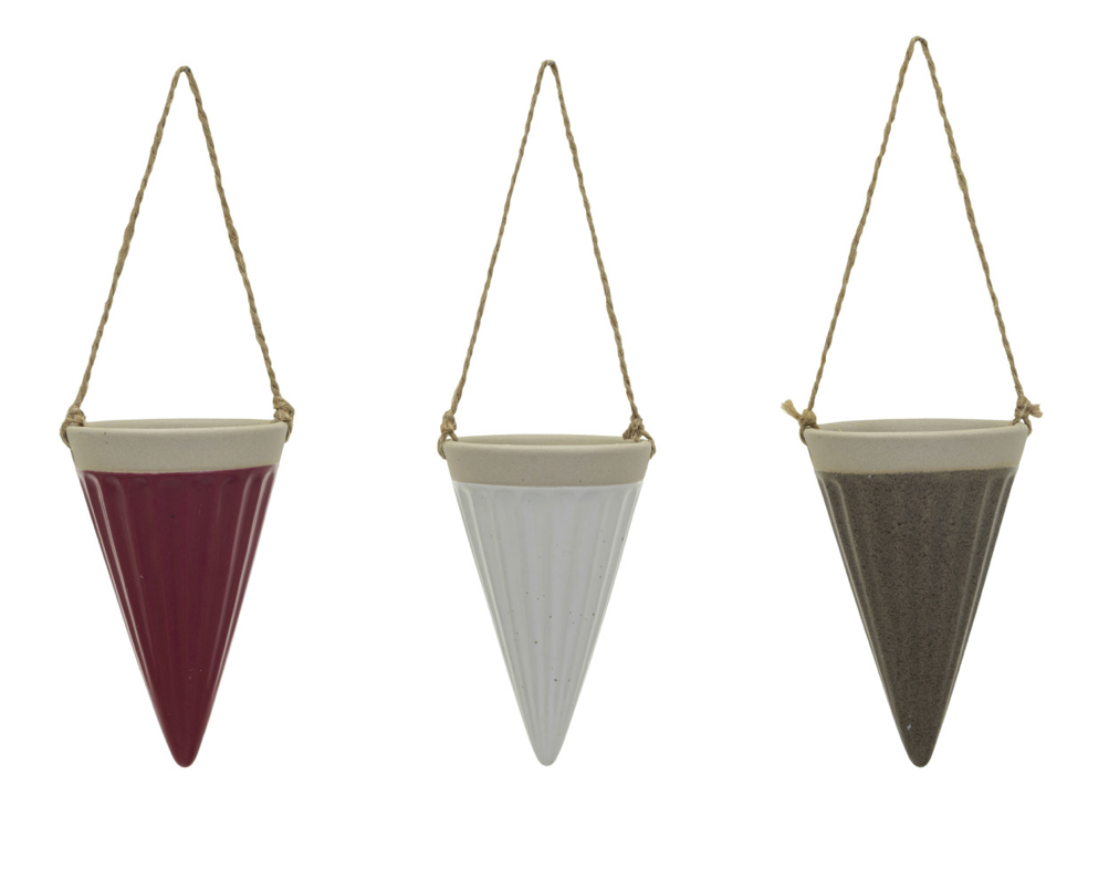Debossed Stoneware Hanging Cone Vase w/Jute Rope Hanger