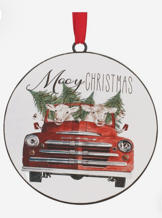 Metal “Moo-y Christmas Disc Ornament