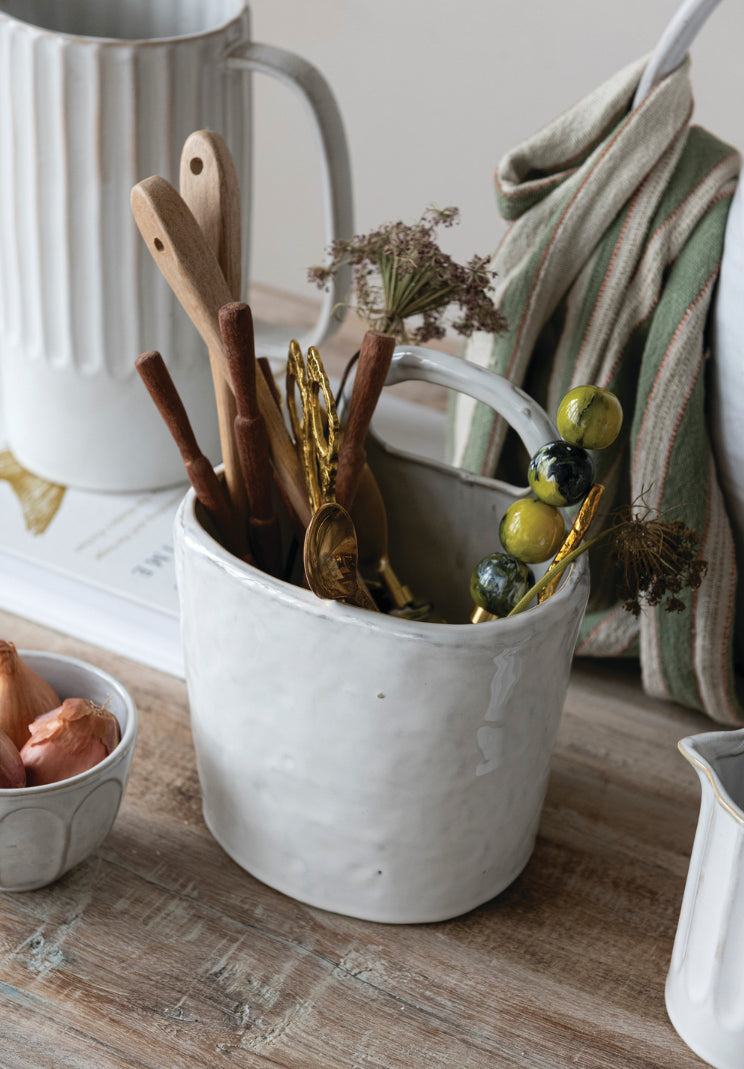 White Stoneware Crock w/Handle