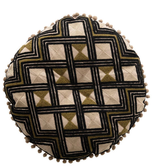 16” Round Cotton Pillow w/ Pom Poms